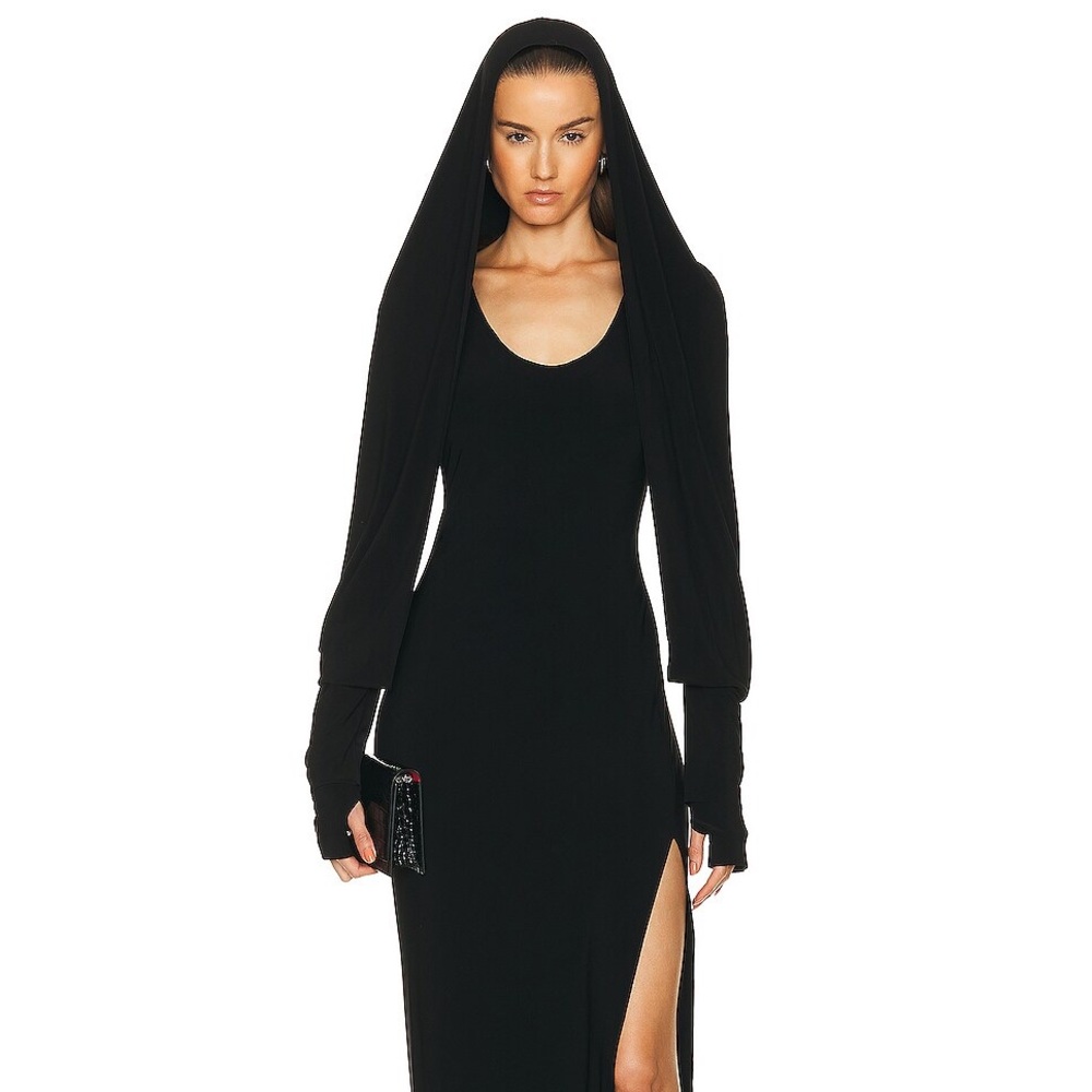 Norma Kamali Black Long Sleeve Dress Hooded Open Back Side Slit Gown